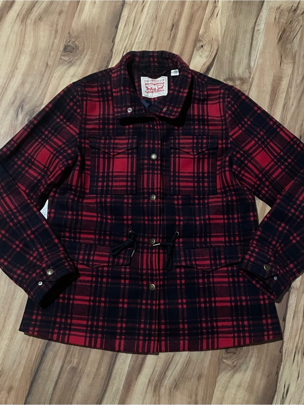 Levi’s Red Black Buffalo Plaid Utility Field Jacket Wool Blend Cinch Waist Sz S
